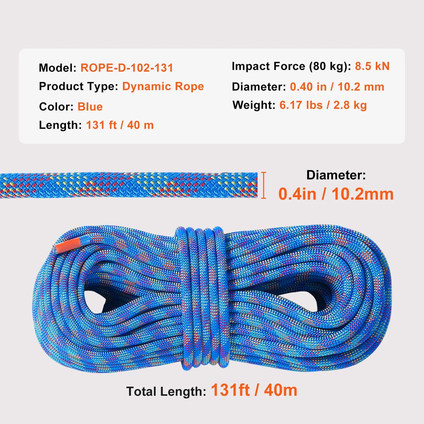 10.2mm Dynamic Climbing Rope 197ft with Hooks CE Certified Blue