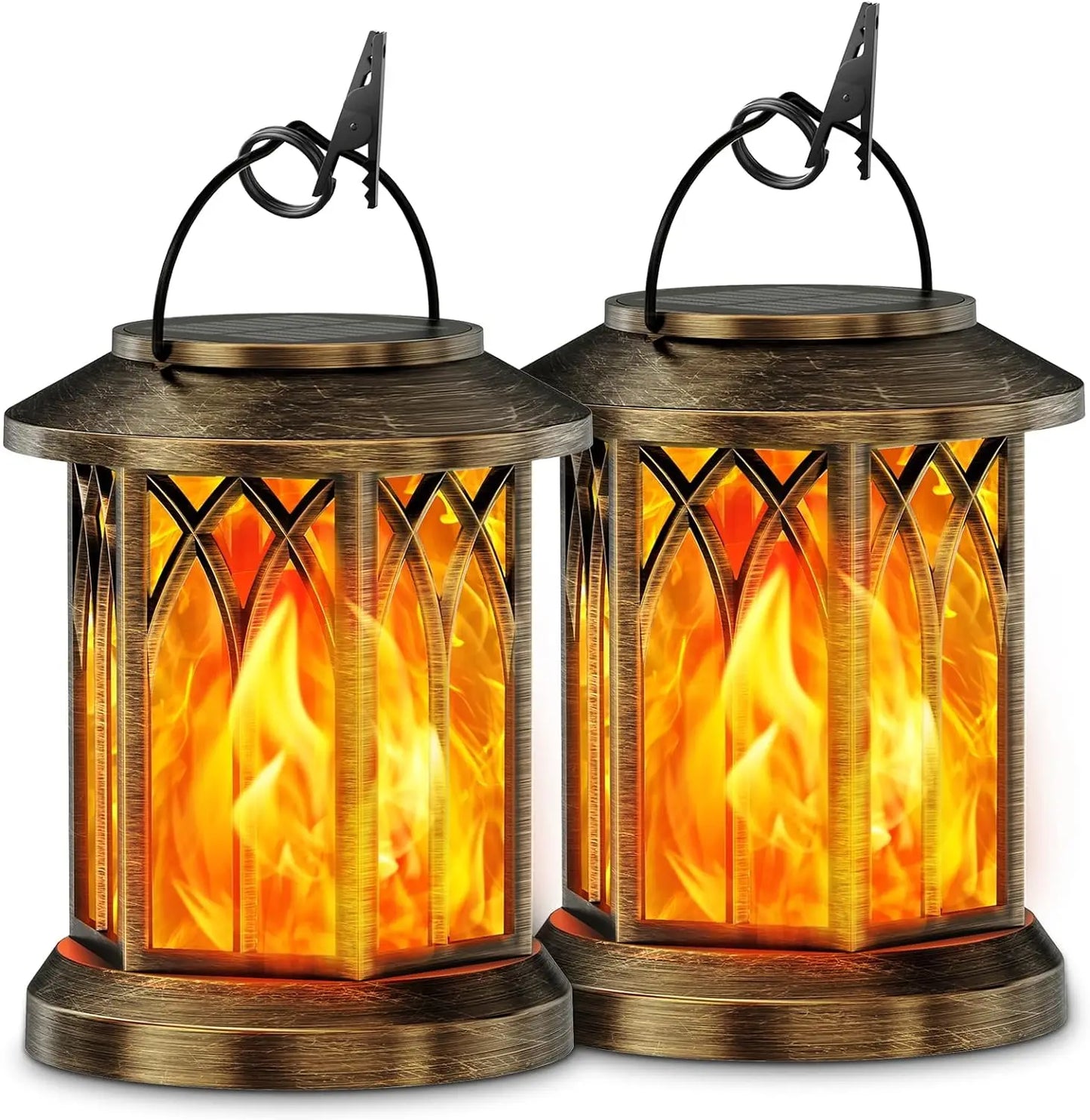2 Pack Flickering Flame Solar Lanterns Outdoor Solar Lawn and Hanging Lights for Yard Patio Walkway and Driveway
