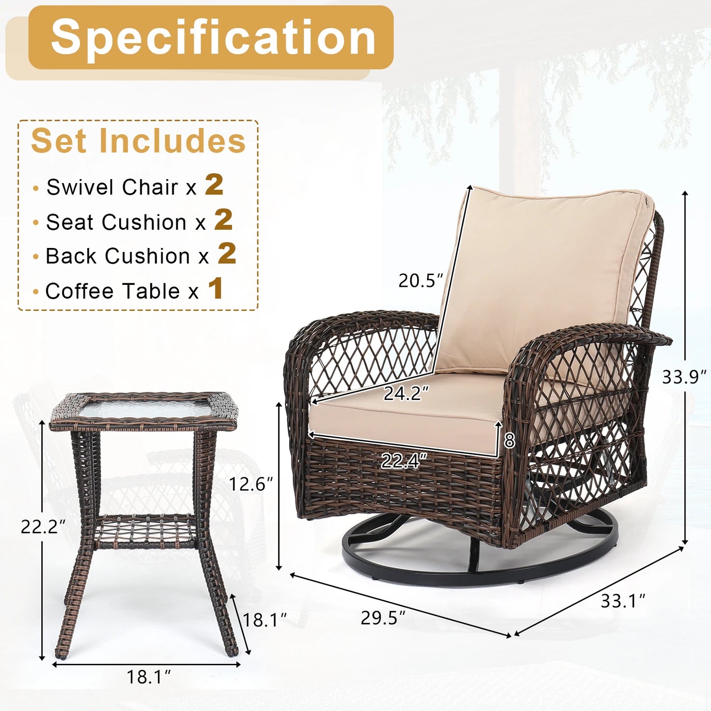Stylish 3 Pieces Patio Furniture Set with Swivel Rockers