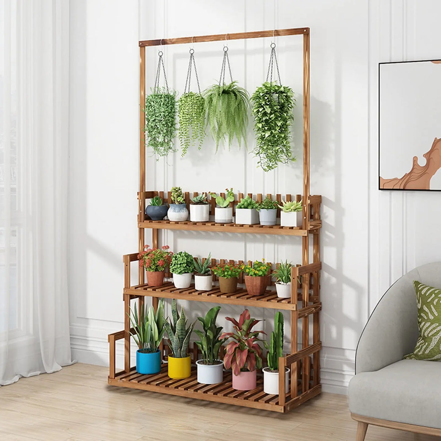3 Tier Hanging Wood Plant Stand for Indoor and Outdoor Planters