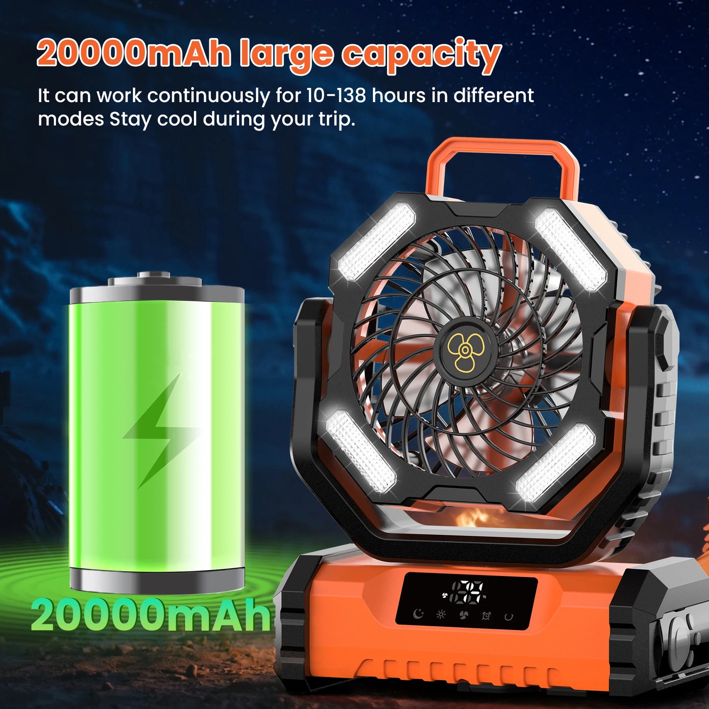Portable LED Camping Fan with Rechargeable Battery and Light