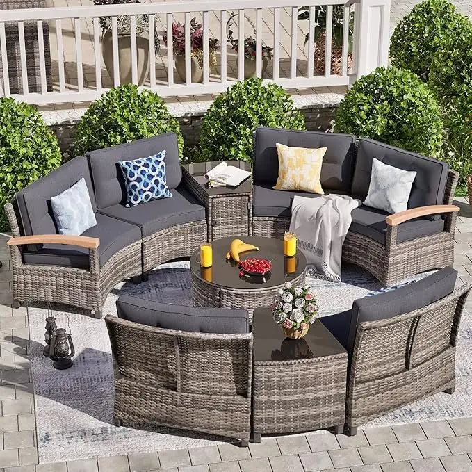 9 Piece Outdoor Patio Furniture Set with Unique Half Moon Design for Garden