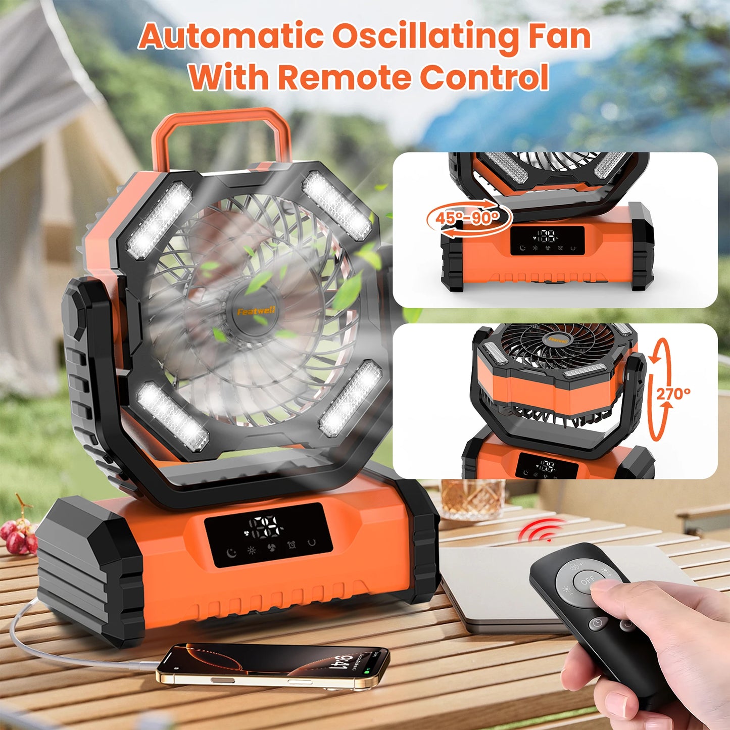 Portable LED Camping Fan with Rechargeable Battery and Light