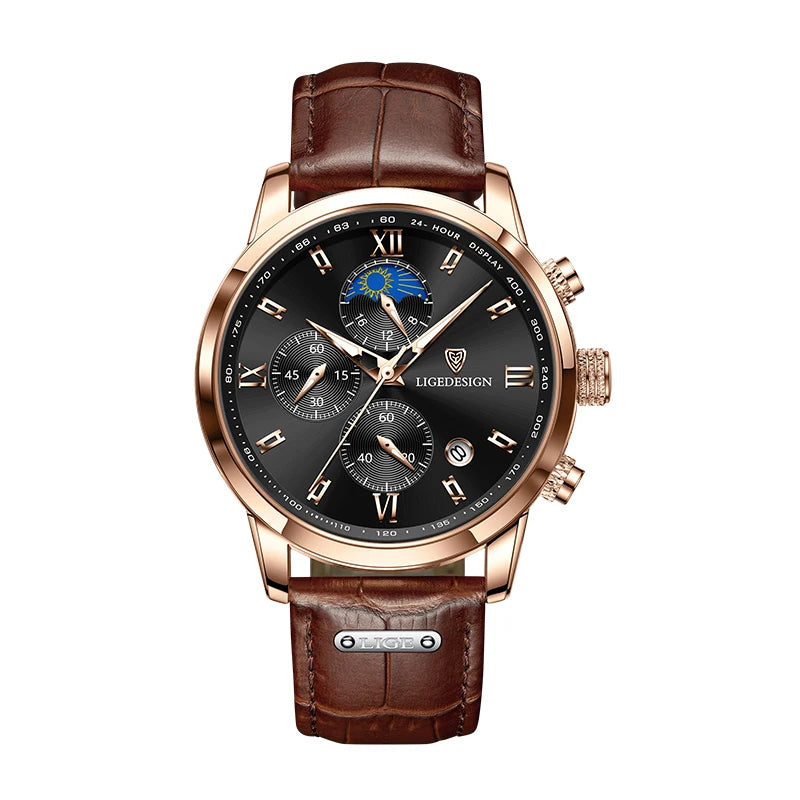 Men's Quartz Wristwatches Casual with Leather Band and Chronograph
