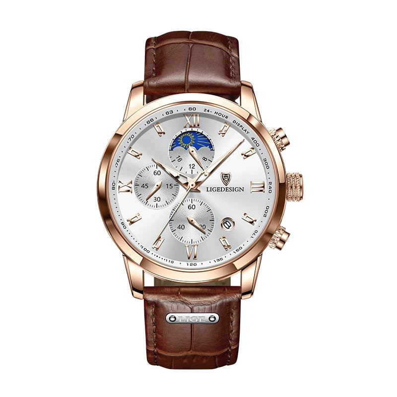 Men's Quartz Wristwatches Casual with Leather Band and Chronograph