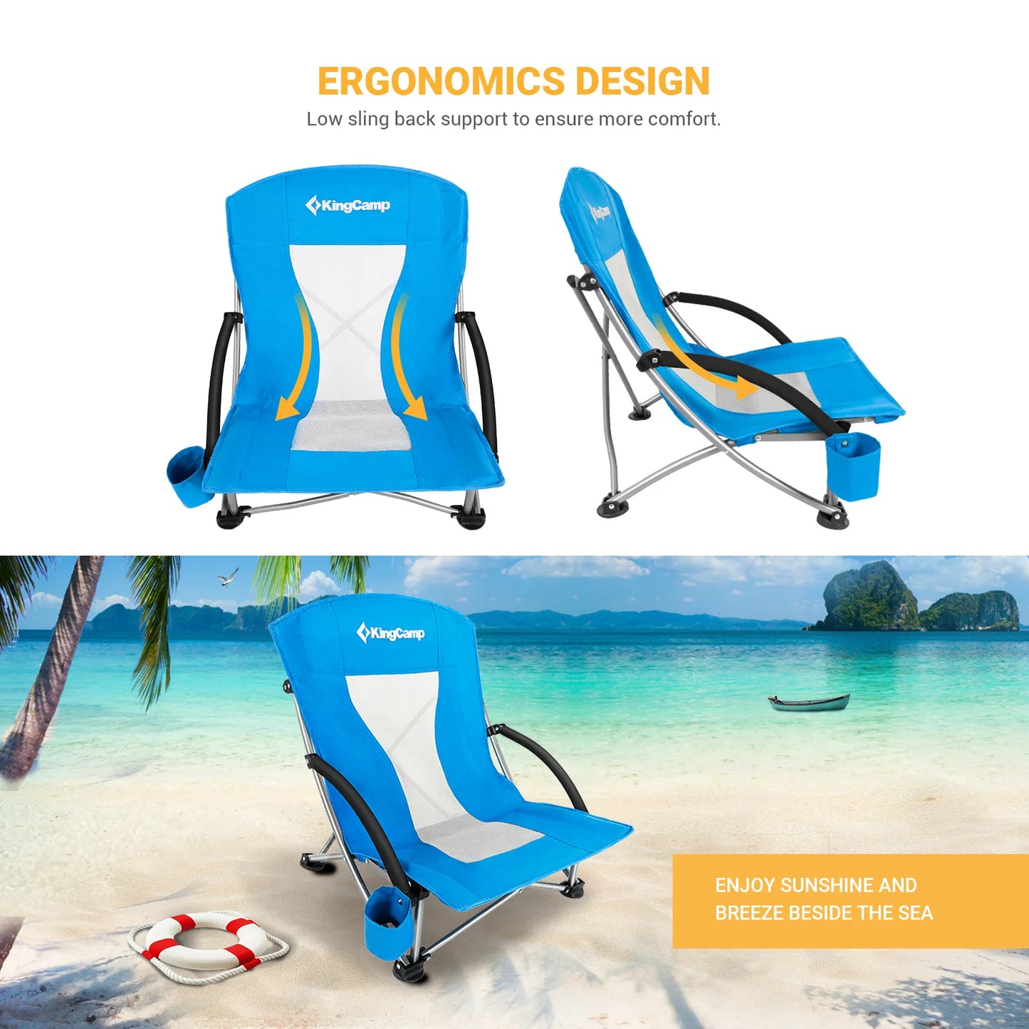 2 Low Seat Beach Folding Chairs with Carbon Steel Frame