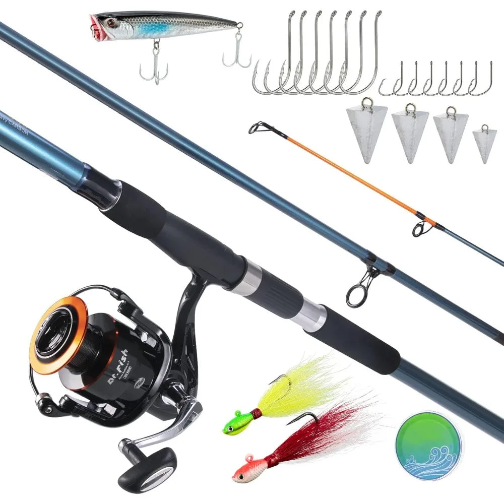 Surf Rod and Reel Combination for Saltwater Fishing with 50Lb Braided Line and Topwater Popper