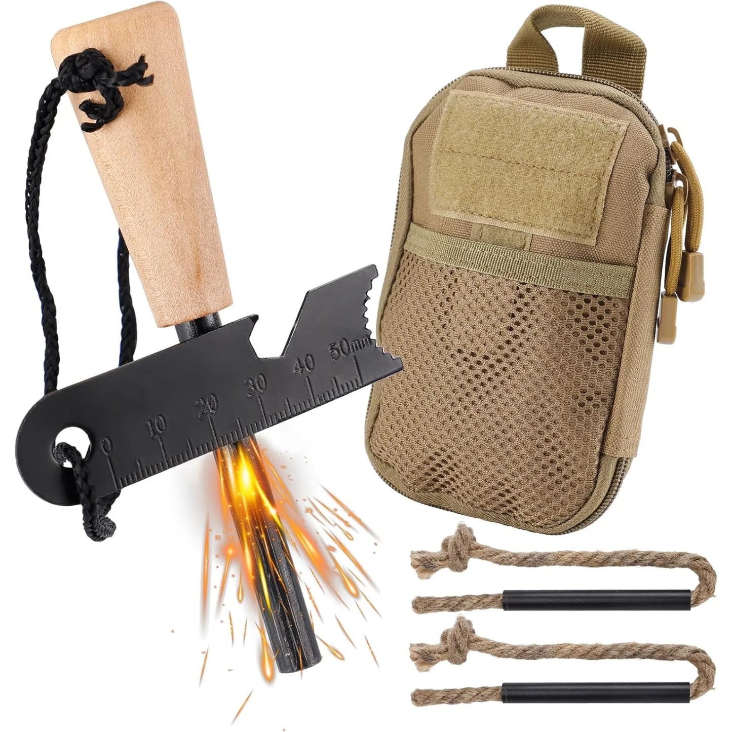 Fire Starter Survival Tool Kit with Magnesium Rod Steel Striker and Hemp Cords