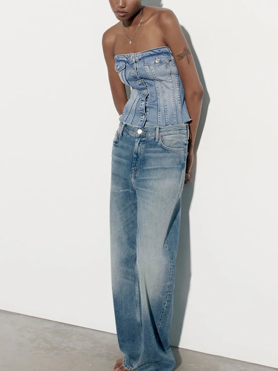 Women's Fitted Tube Top Denim Velvet Crop Top