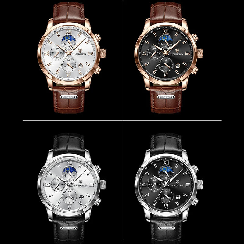 Men's Quartz Wristwatches Casual with Leather Band and Chronograph