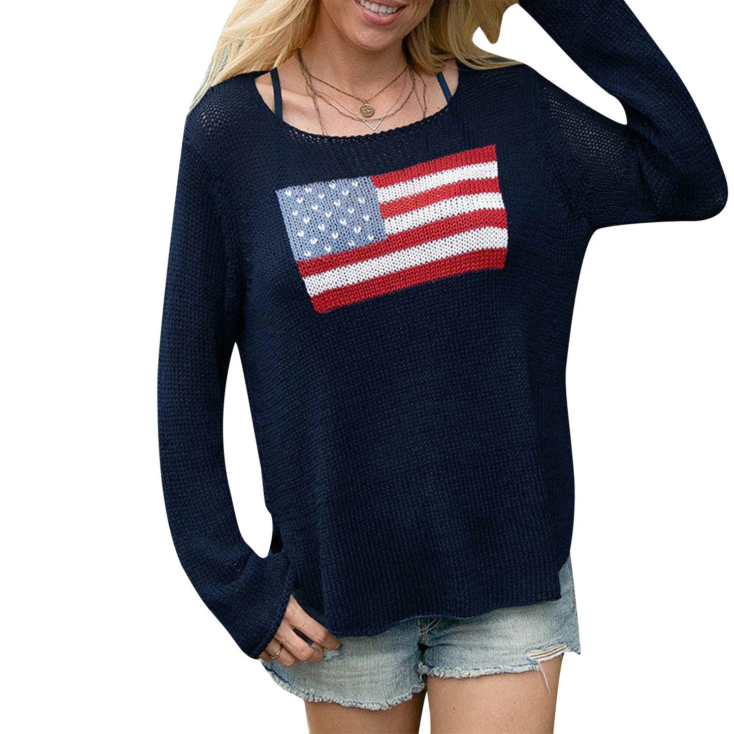 Womens Knit Sweater with O Neck Regular Fit Cotton and Polyester