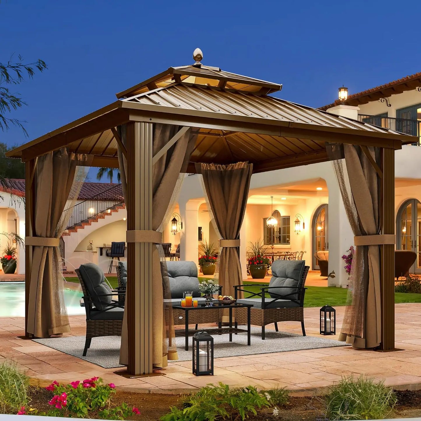 10x12ft Hardtop Gazebo with Nettings and Curtains Outdoor
