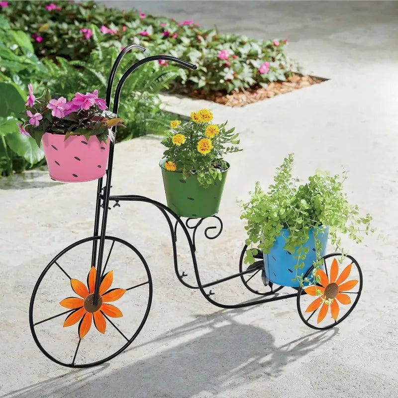 Bicycle Planter Stand with Three Removable Bucket Pots for Outdoor Garden Decor