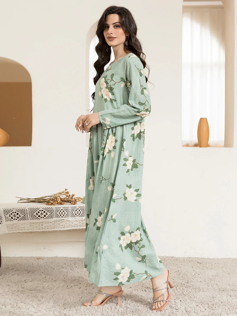 Casual Round Neck Floral Print Wrinkle Spliced Long Dress Mint Green