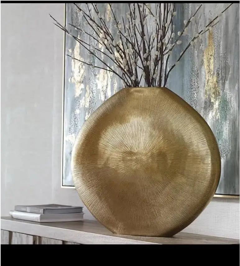 Gold Metal Decorative Flower Vase with Stylish Sunburst Design and Radiant Finish
