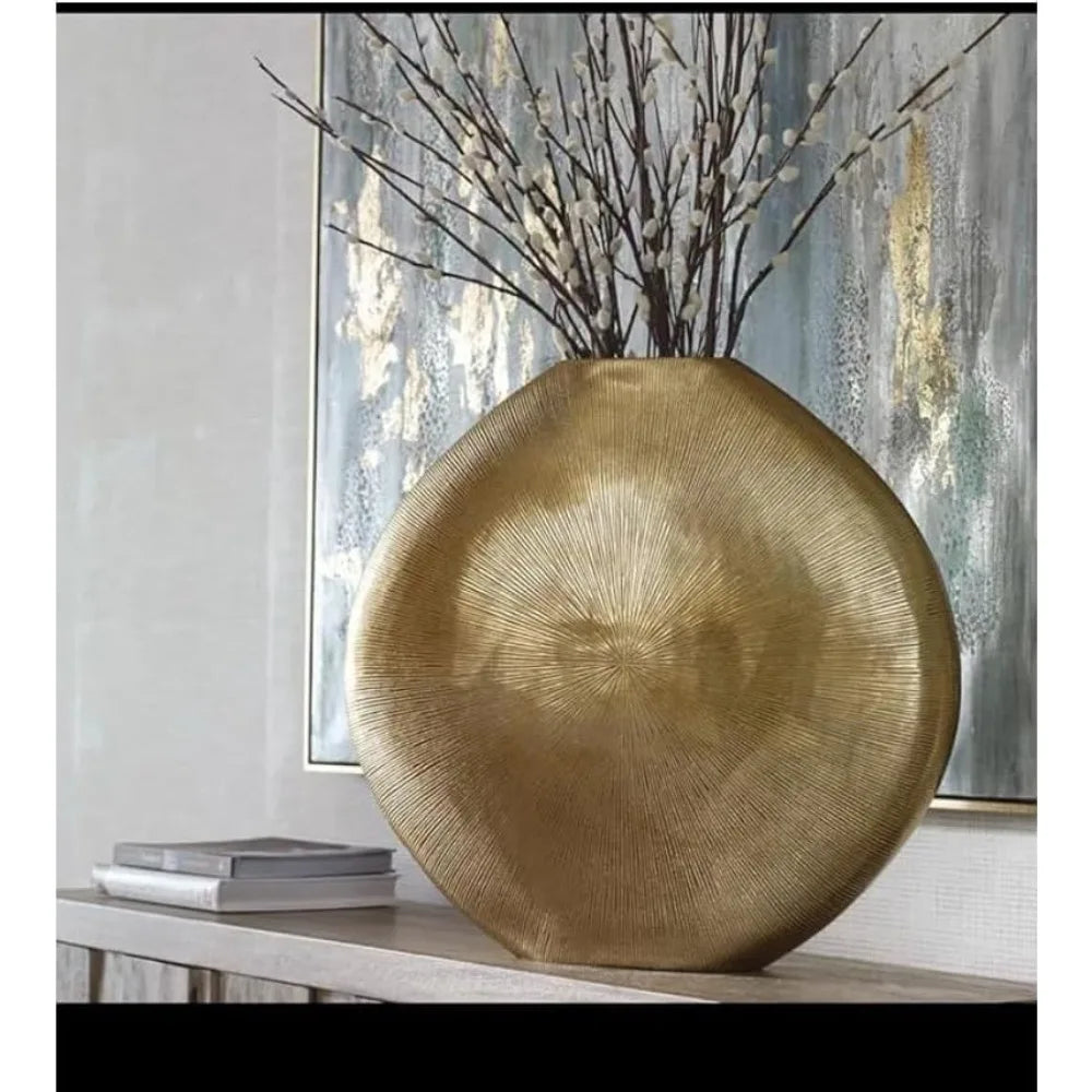 Gold Metal Decorative Flower Vase with Stylish Sunburst Design and Radiant Finish