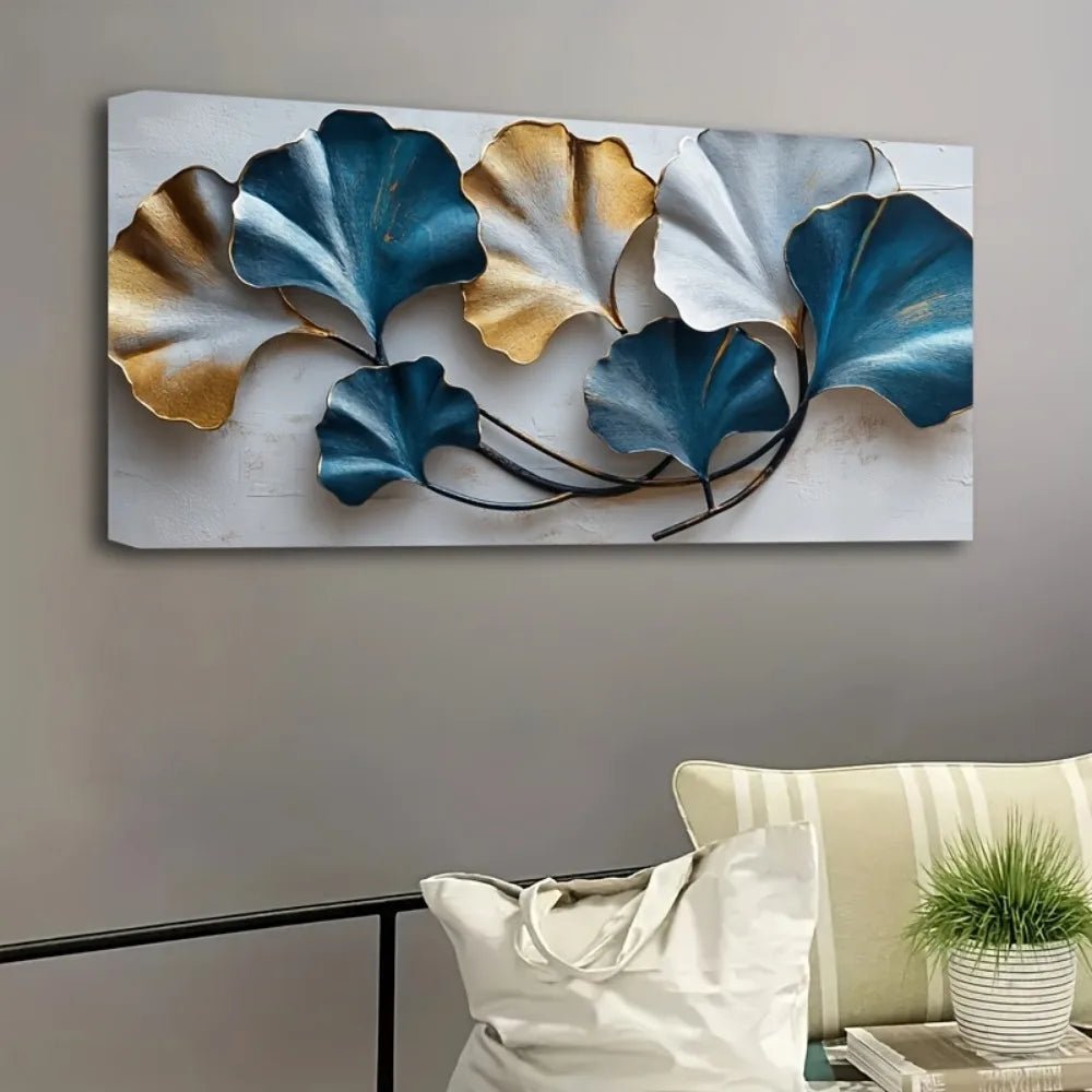 Blue And Yellow Leaf Canvas Wall Art