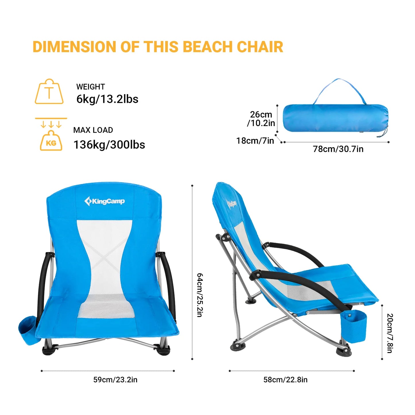 2 Low Seat Beach Folding Chairs with Carbon Steel Frame