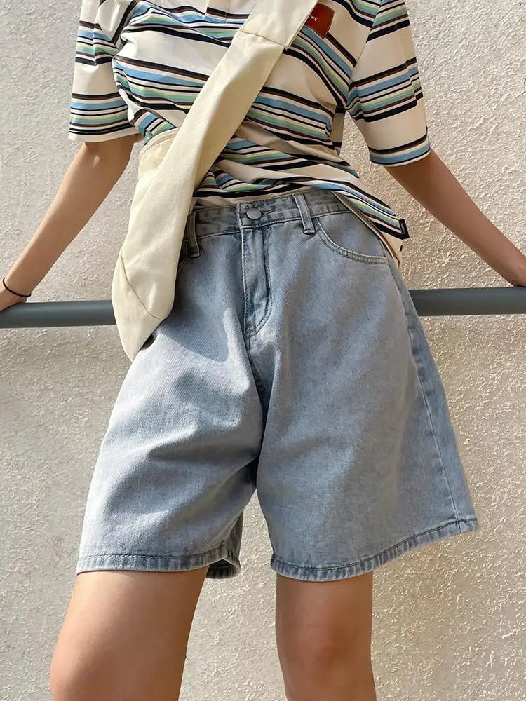Womens High Waist Denim Shorts Loose Fit Button Fly Available in Pink Light Blue Black and White
