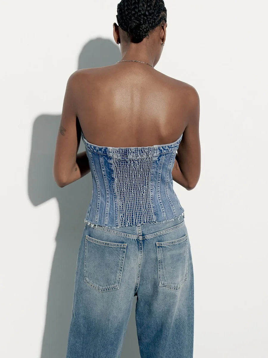 Women's Fitted Tube Top Denim Velvet Crop Top