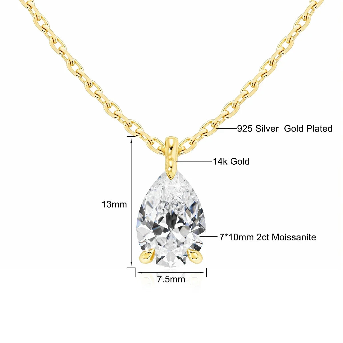 14K Gold 2CT Pear Cut Moissanite Necklace for Women