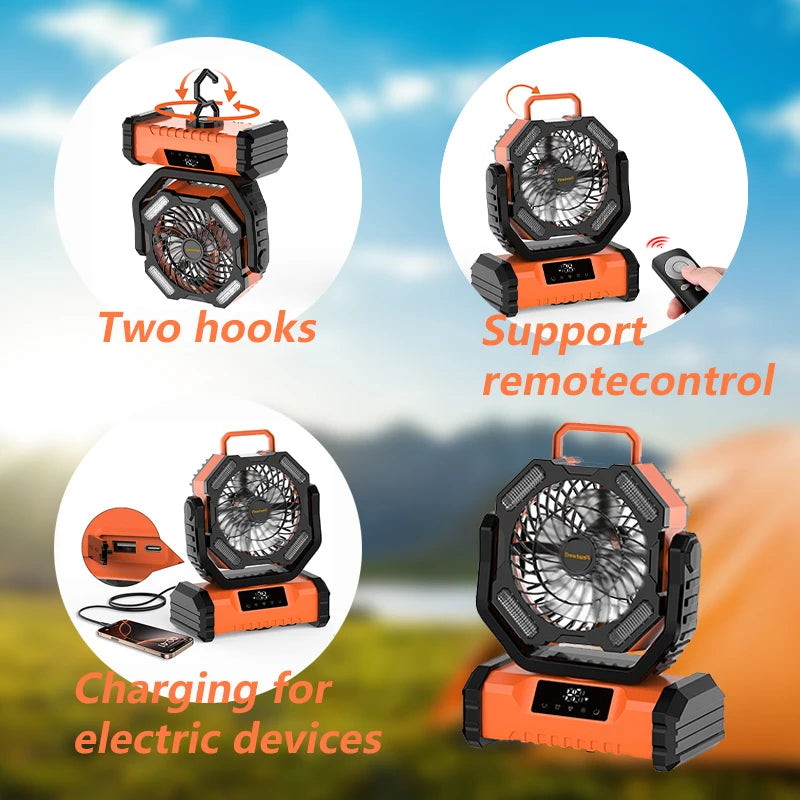 Portable LED Camping Fan with Rechargeable Battery and Light