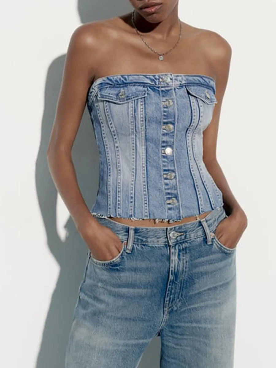Women's Fitted Tube Top Denim Velvet Crop Top