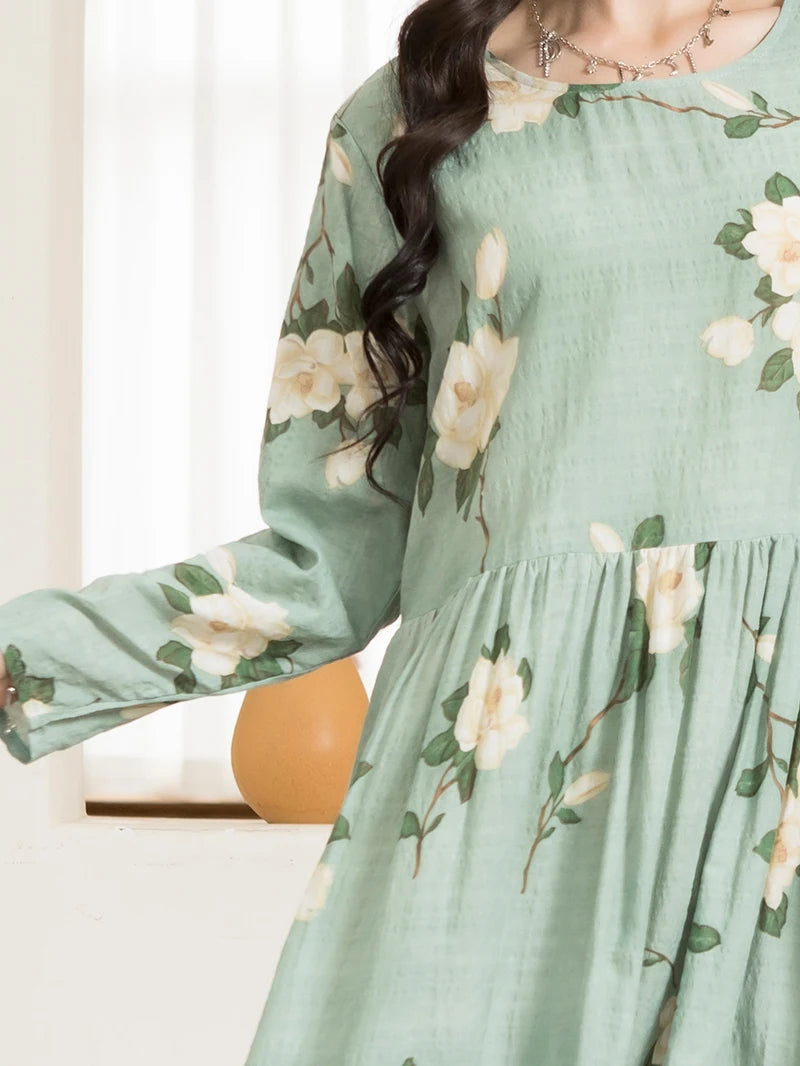 Casual Round Neck Floral Print Wrinkle Spliced Long Dress Mint Green