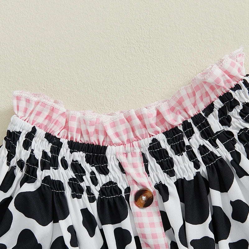 Girls Summer Outfit Cow Print T-Shirt and Denim Shorts Set