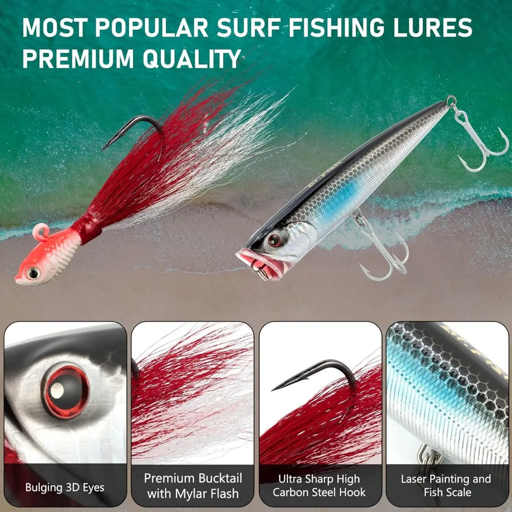 Surf Rod and Reel Combination for Saltwater Fishing with 50Lb Braided Line and Topwater Popper
