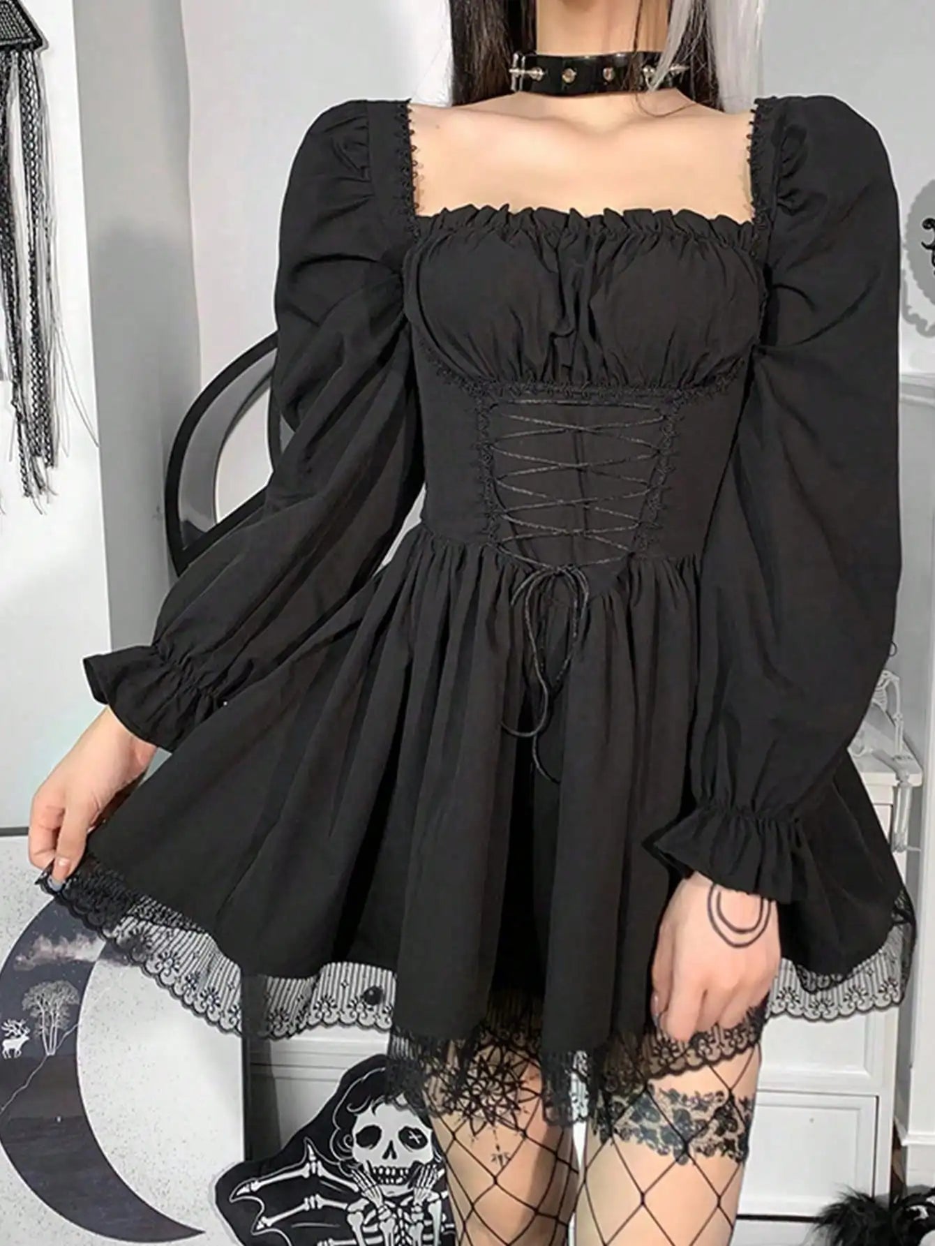 Women's Gothic Dress Vintage Lace Ankle Length Black Non Woven