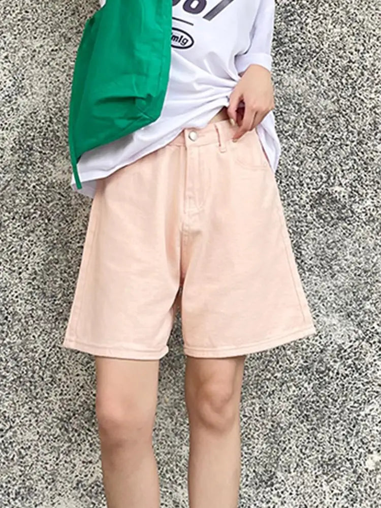 Womens High Waist Denim Shorts Loose Fit Button Fly Available in Pink Light Blue Black and White