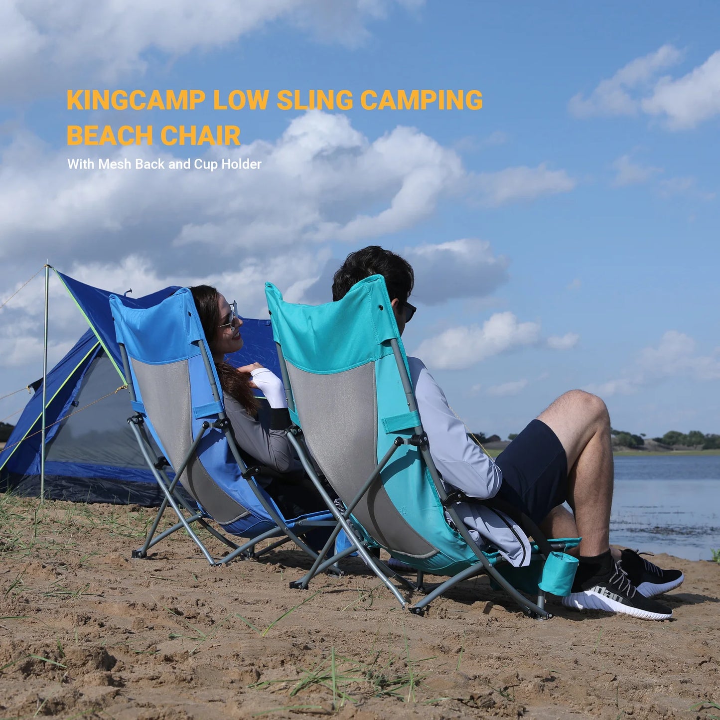 2 Low Seat Beach Folding Chairs with Carbon Steel Frame