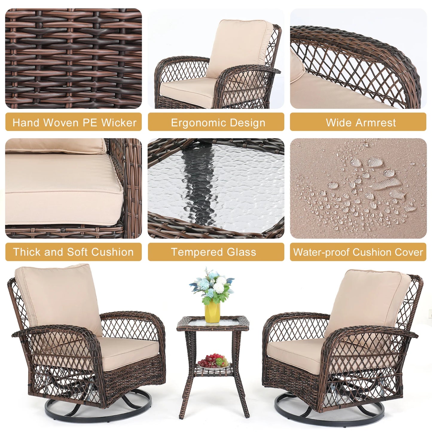 Stylish 3 Pieces Patio Furniture Set with Swivel Rockers
