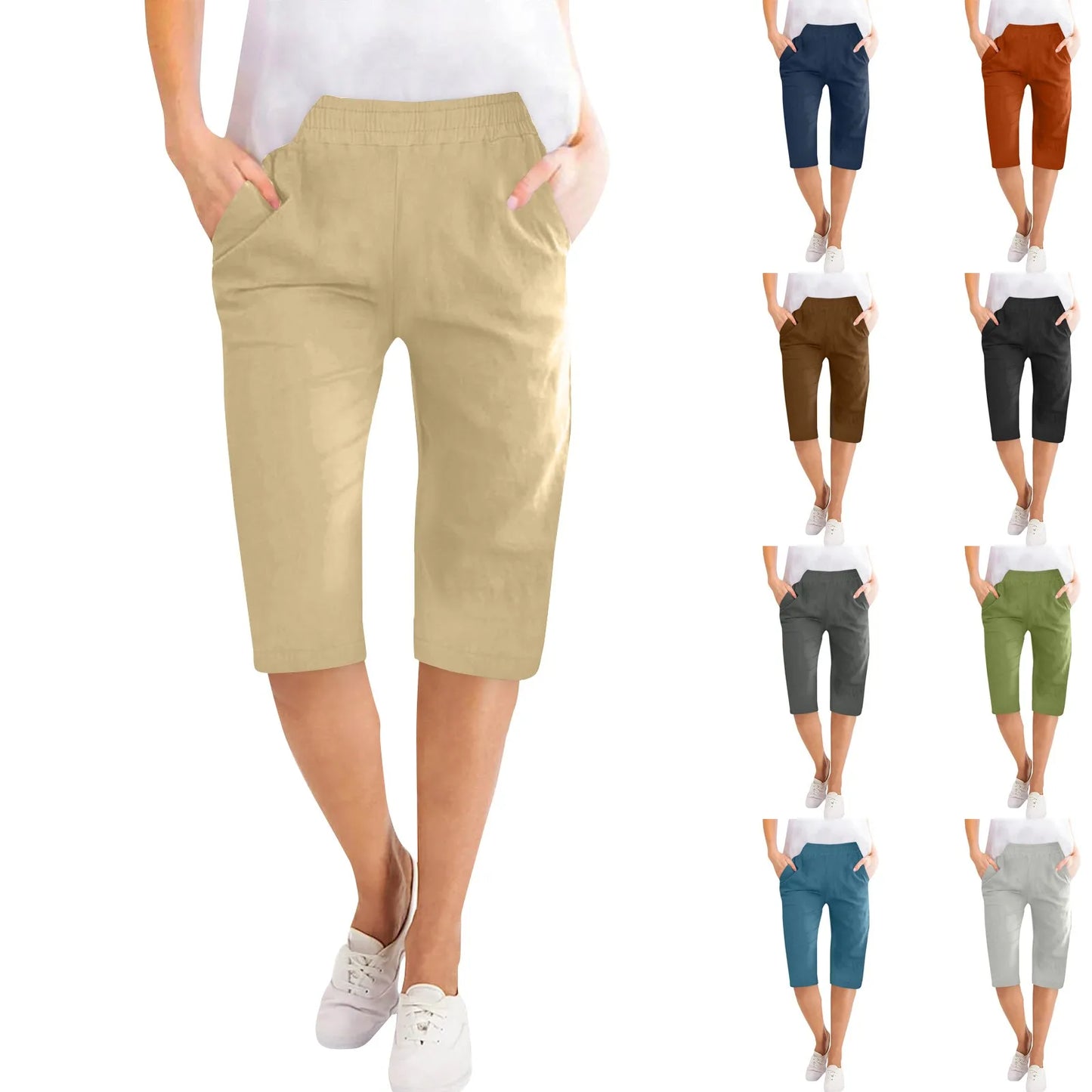 Womens Capris Cotton Linen Pants for Casual Summer Wear