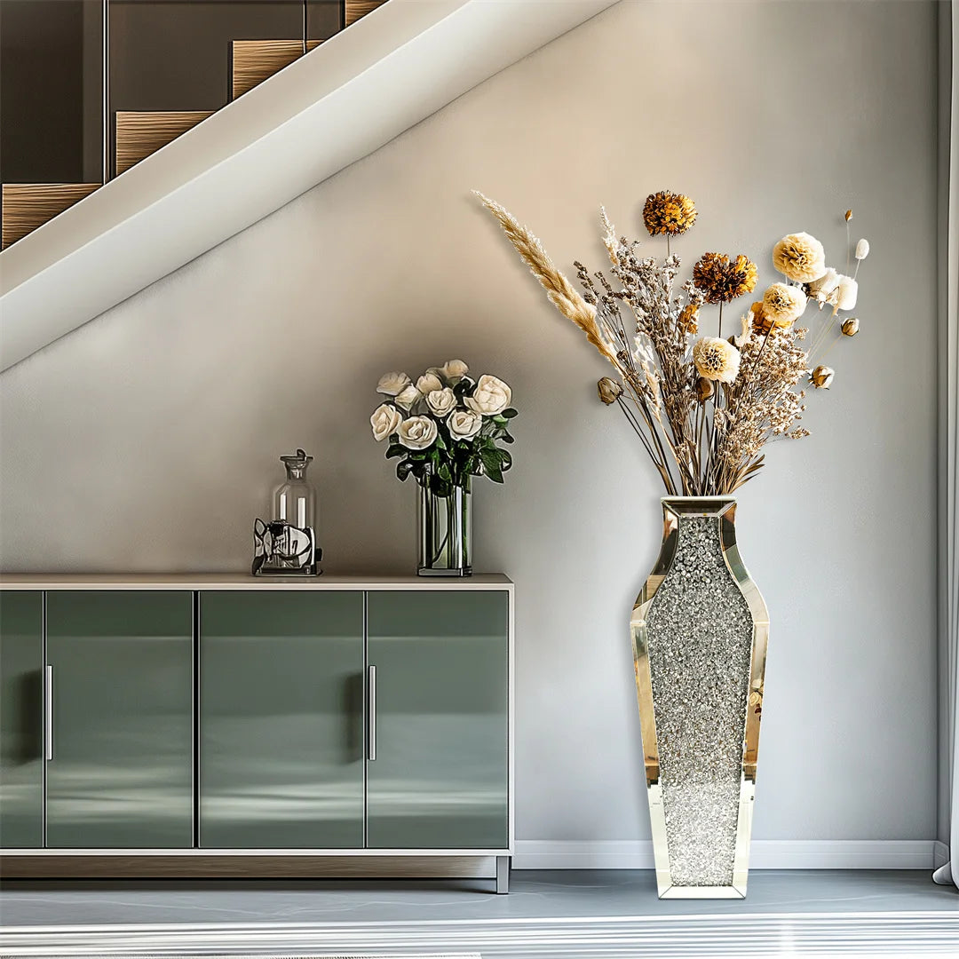 Luxury Large Tall Floor Glass Vase in Silver Modern Contemporary Style