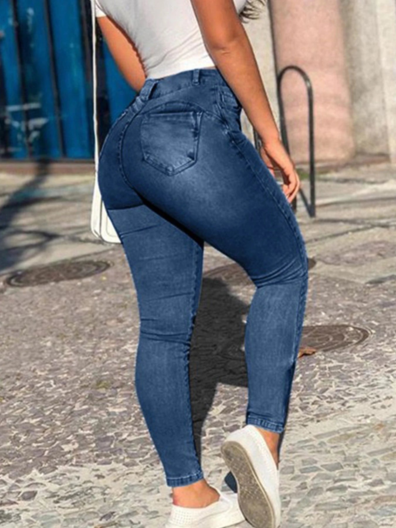 Women's Elastic Mid Waist Zipper Tight Cargo Jeans Ankle Length Pants