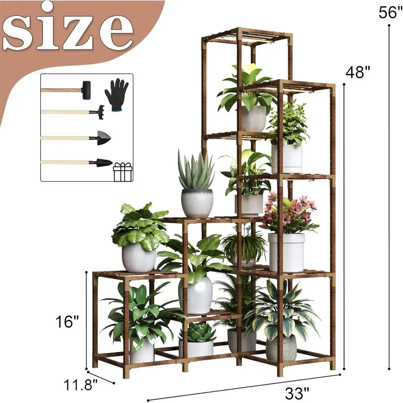 Corner Plant Stand With Grow Lights 14 Tier Tall Plant Shelf Indoor Outdoor For Multiple Plants Wood Plant Ladder Rack Holder Display Flower Stand For Patio Porch Garden Living Room