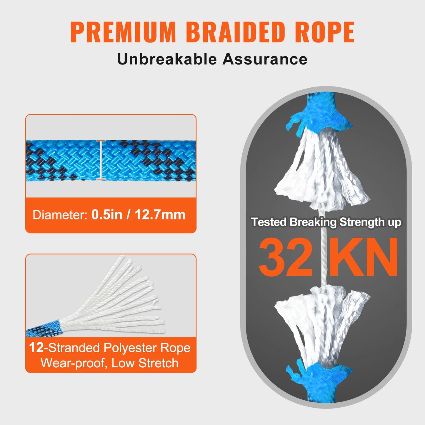12.7mm Static Climbing Rope with Snap Hooks Blue CE Certified 32 kN Break Strength