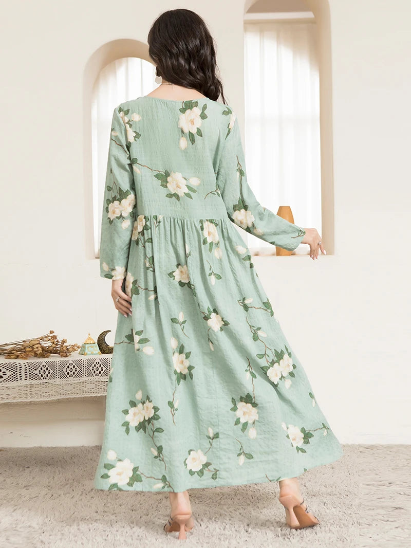 Casual Round Neck Floral Print Wrinkle Spliced Long Dress Mint Green