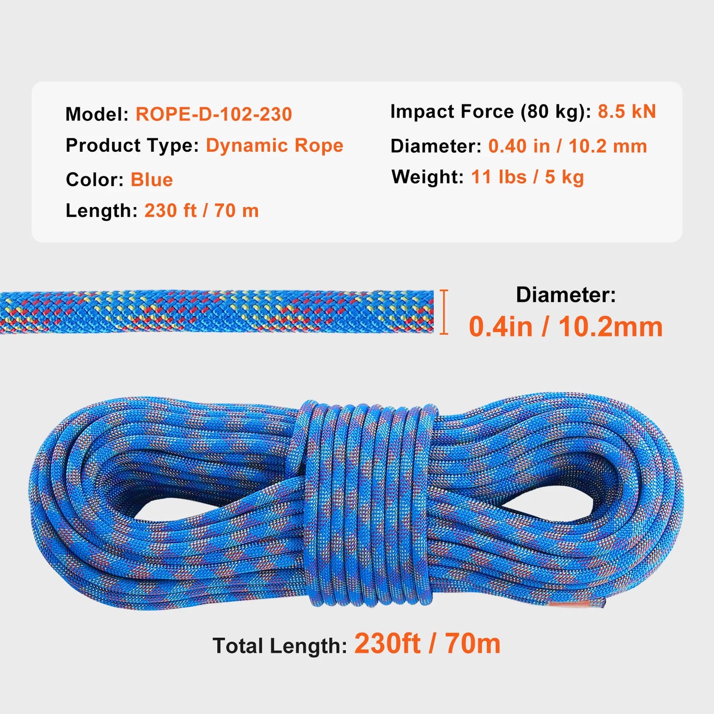 10.2mm Dynamic Climbing Rope 197ft with Hooks CE Certified Blue