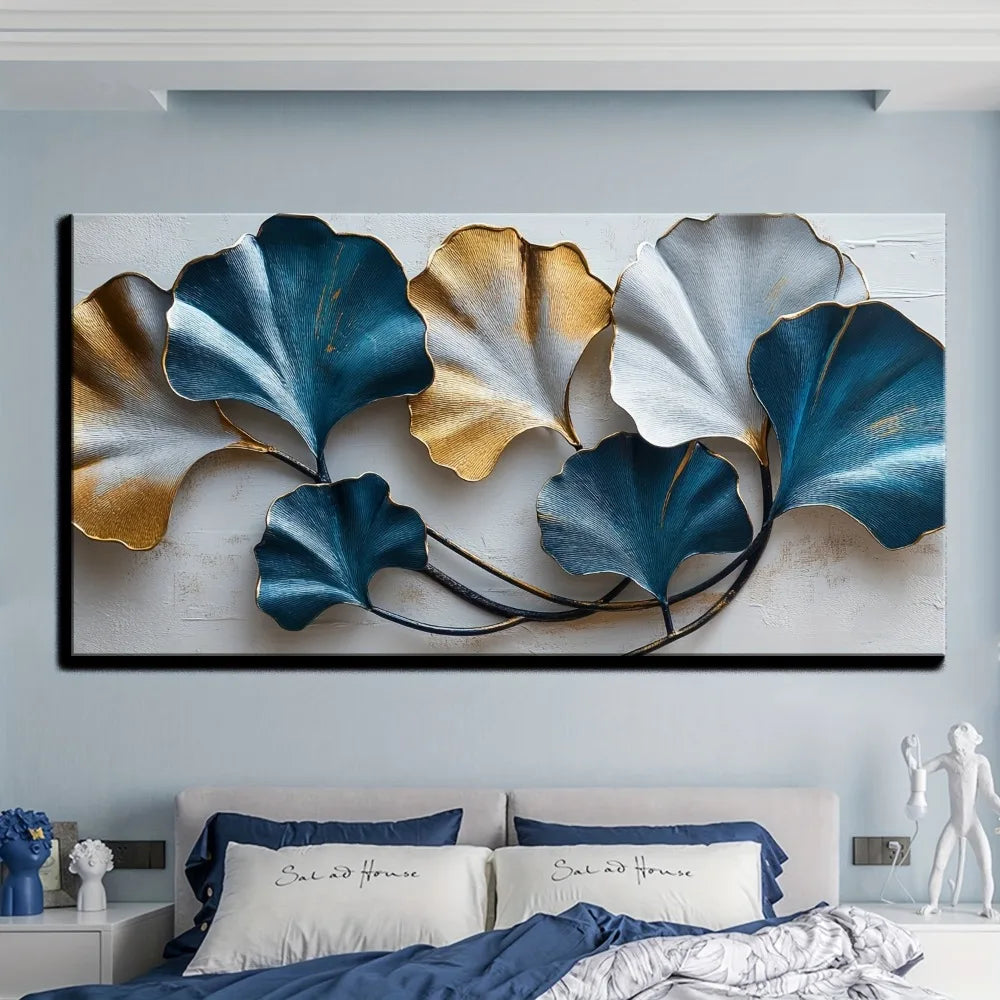 Blue And Yellow Leaf Canvas Wall Art