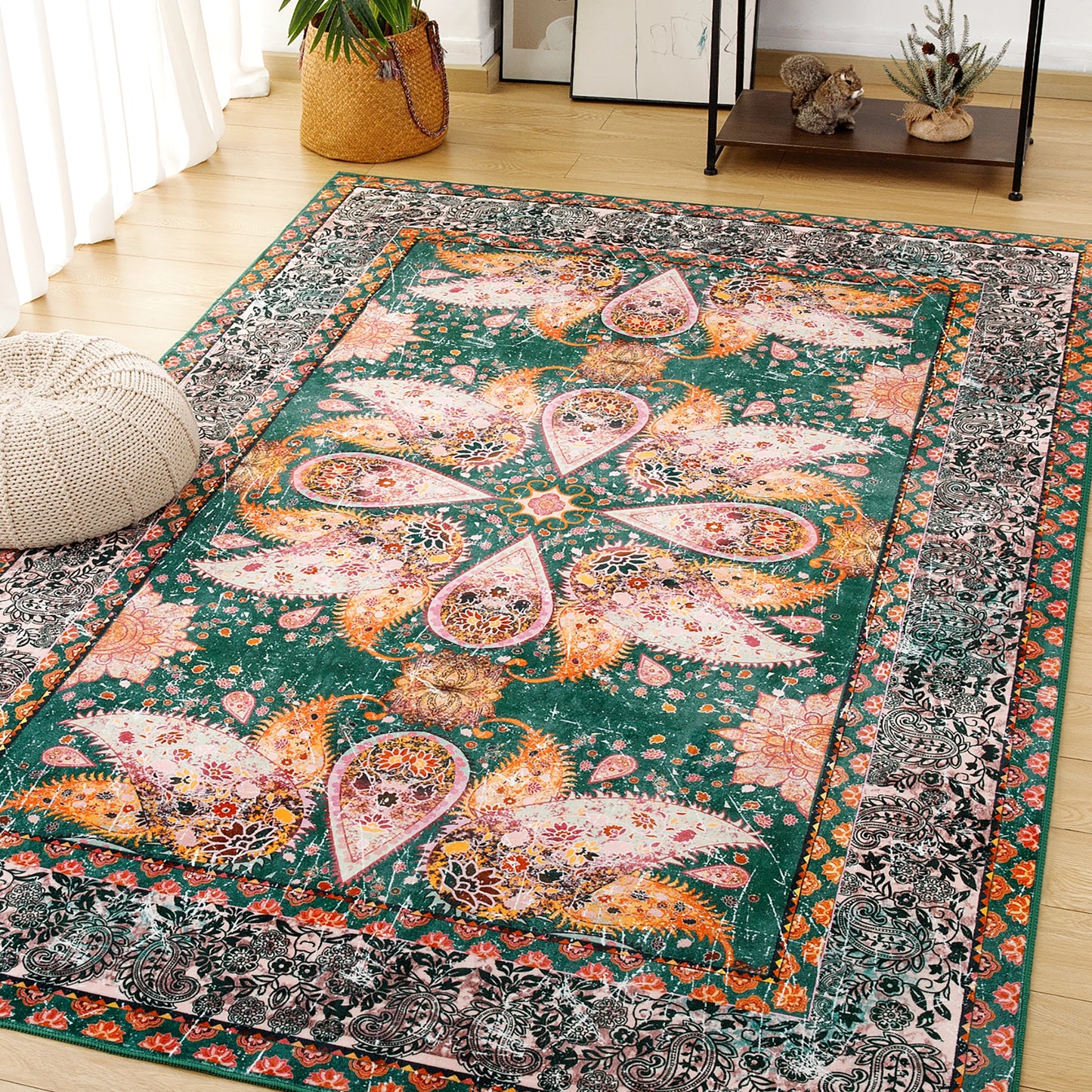 Vintage Floral Area Rug 100 Percent Polyester Anti-Slip Machine Made Indoor Outdoor Use