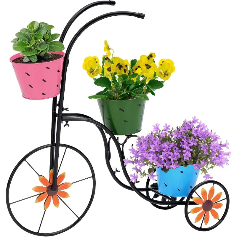 Bicycle Planter Stand with Three Removable Bucket Pots for Outdoor Garden Decor