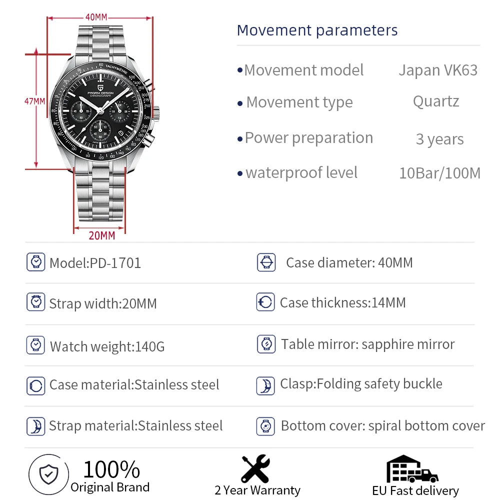 Men's Stainless Steel Quartz Watch with Folding Clasp and Round Dial