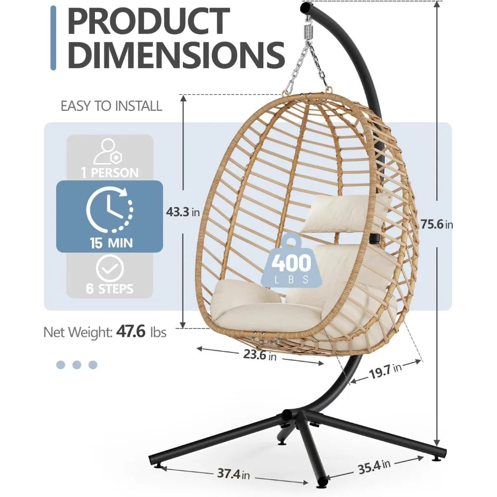 Outdoor Patio Hanging Egg Chair with PE Rattan and Alloy Steel Frame