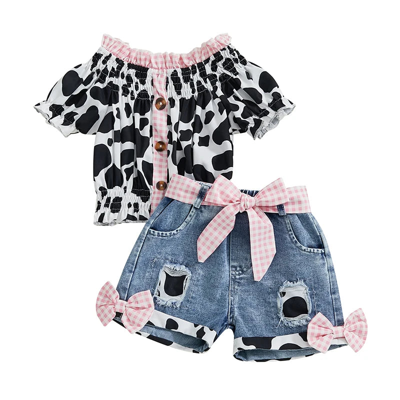 Girls Summer Outfit Cow Print T-Shirt and Denim Shorts Set