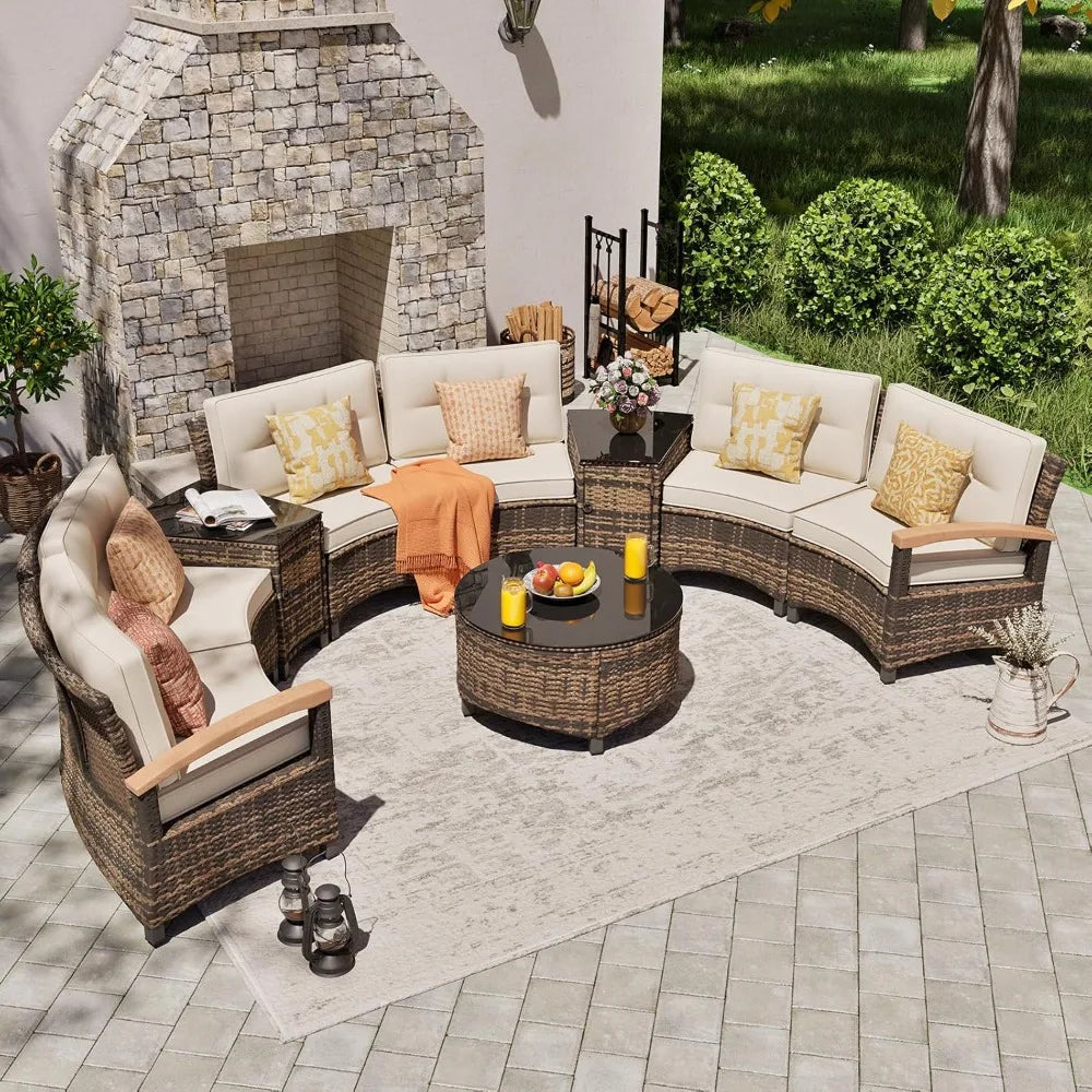 9 Piece Outdoor Patio Furniture Set with Unique Half Moon Design for Garden