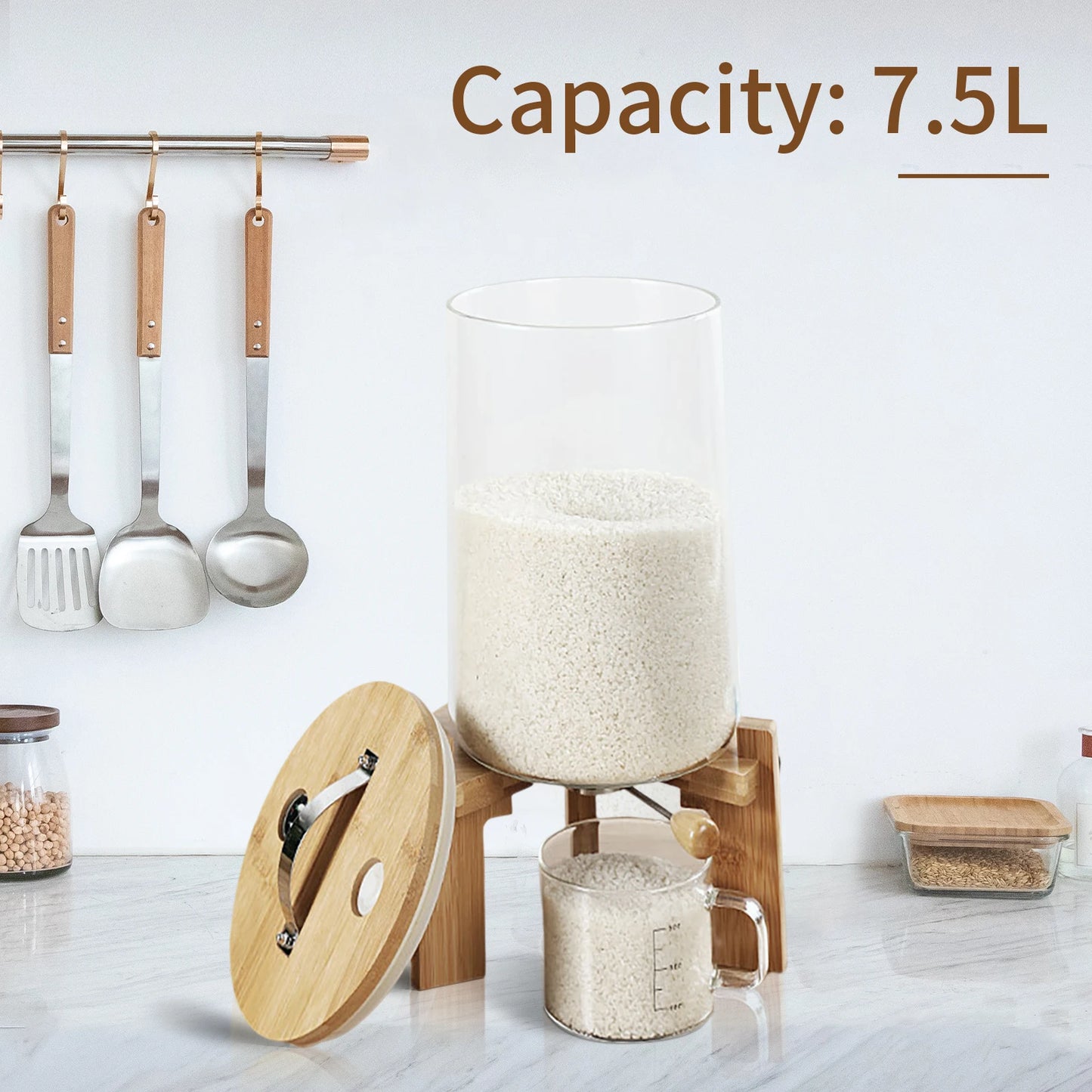 Flour And Cereal Container 5L 7.5L Rice Dispenser With Bamboo Lid