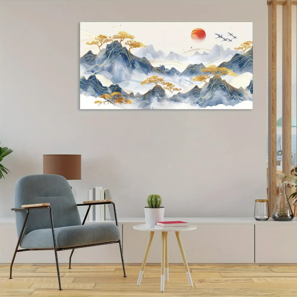 An Art Deco Modern Canvas Wall Art Foggy Blue Mountains